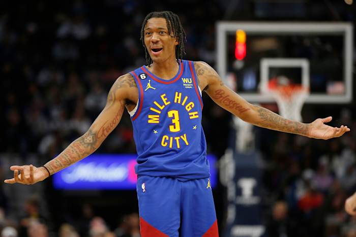 Denver Nuggets guard Bones Hyland reacts to a foul call.